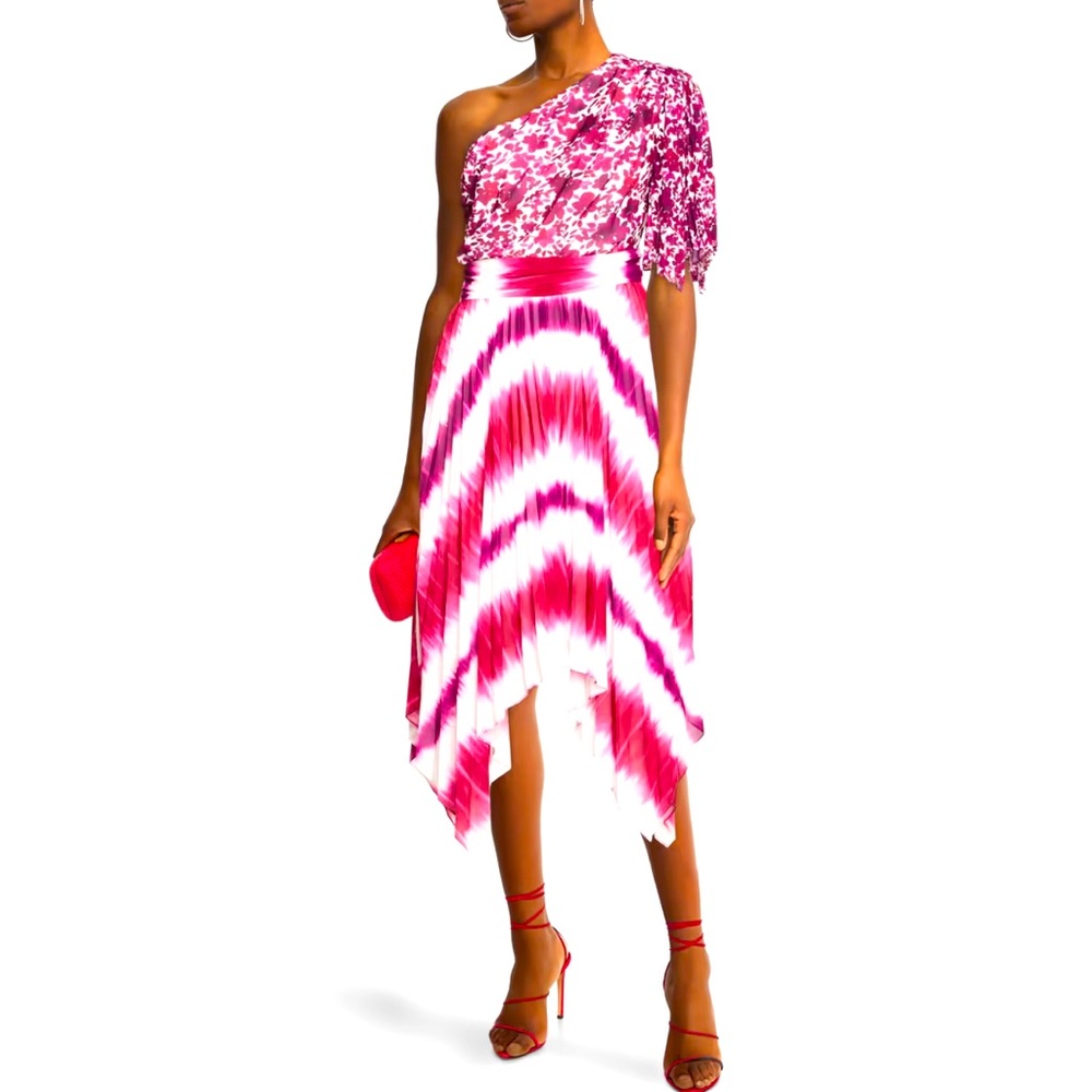 Amur one- shoulder plisse georgette midi dress. Size 8.